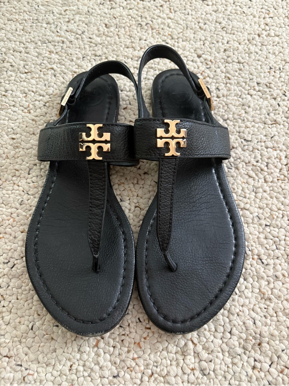 Tory Burch Black Leather Gold Logo T-Strap Sandals Size 8